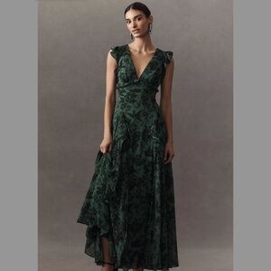 BHLDN Asha Flutter-Sleeve V-Neck Chiffon Maxi Dress